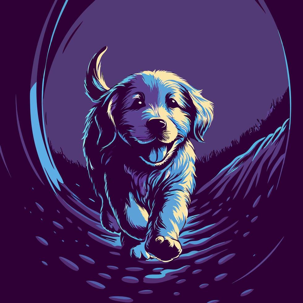 Golden Retriever Puppy Running at Night vector