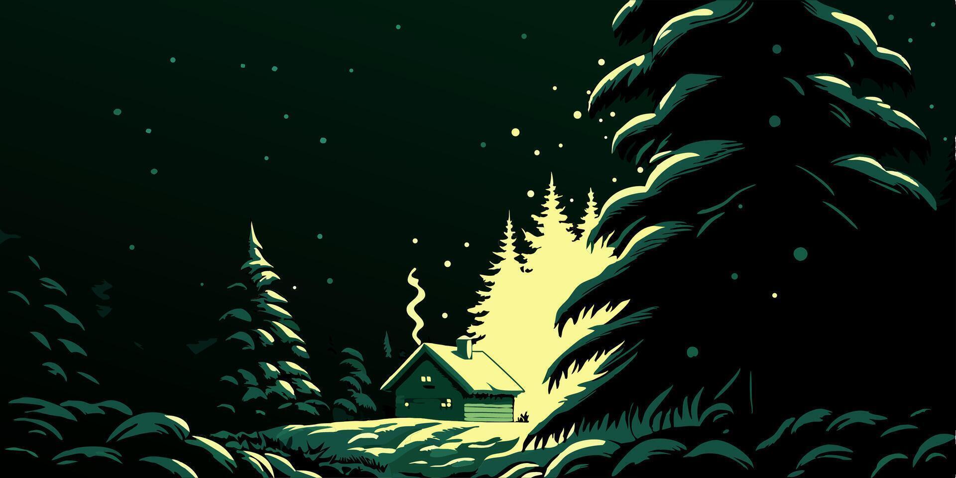 Cozy Cabin in Snowy Winter Night vector