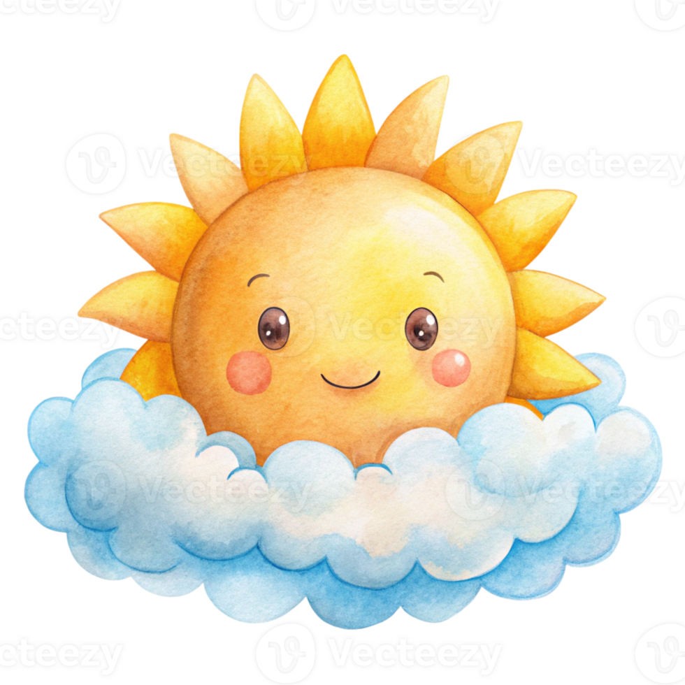 A cartoon sun is sitting on a cloud png