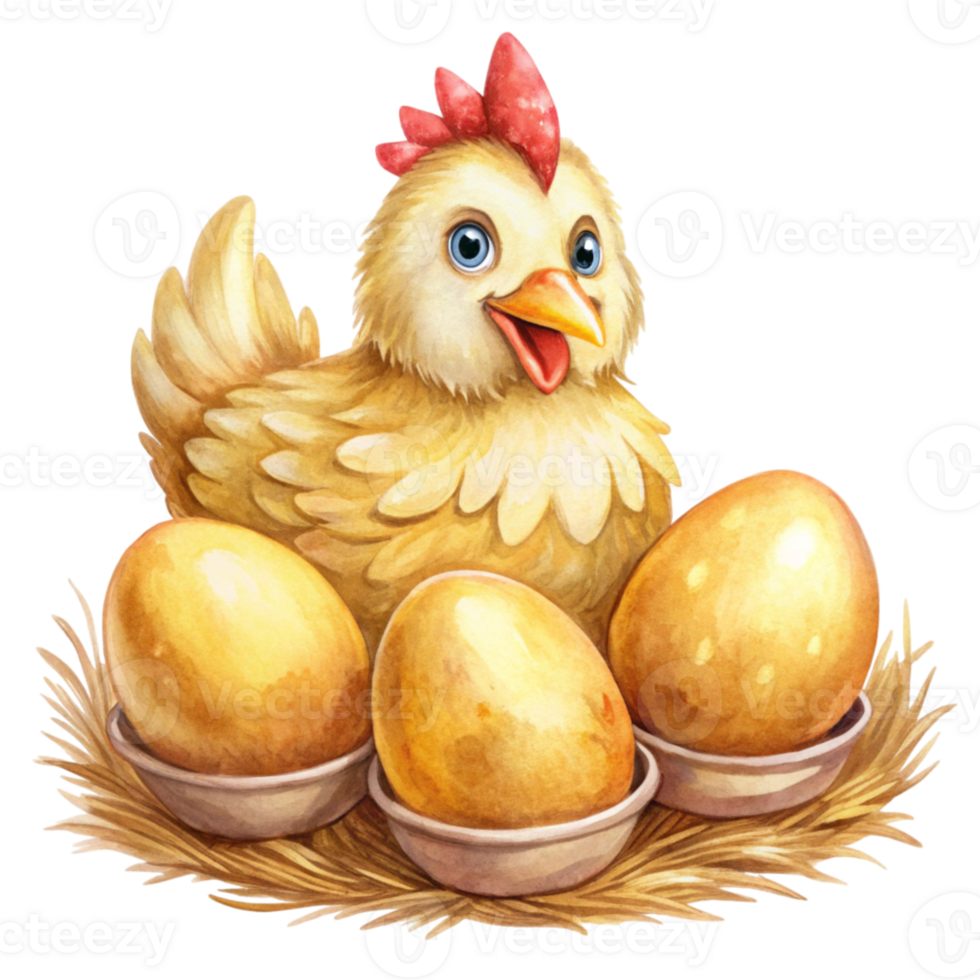 A chicken sitting in a nest with eggs png