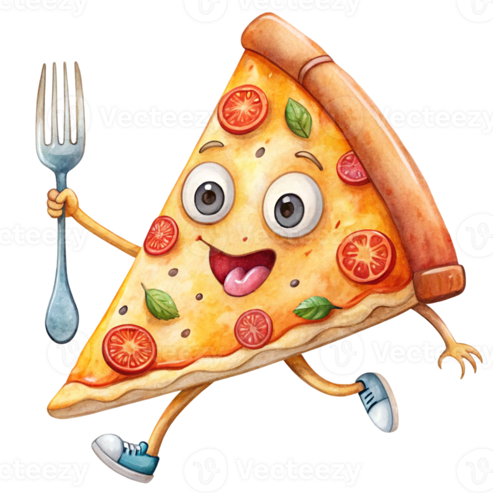 A slice of pizza character running with a fork png