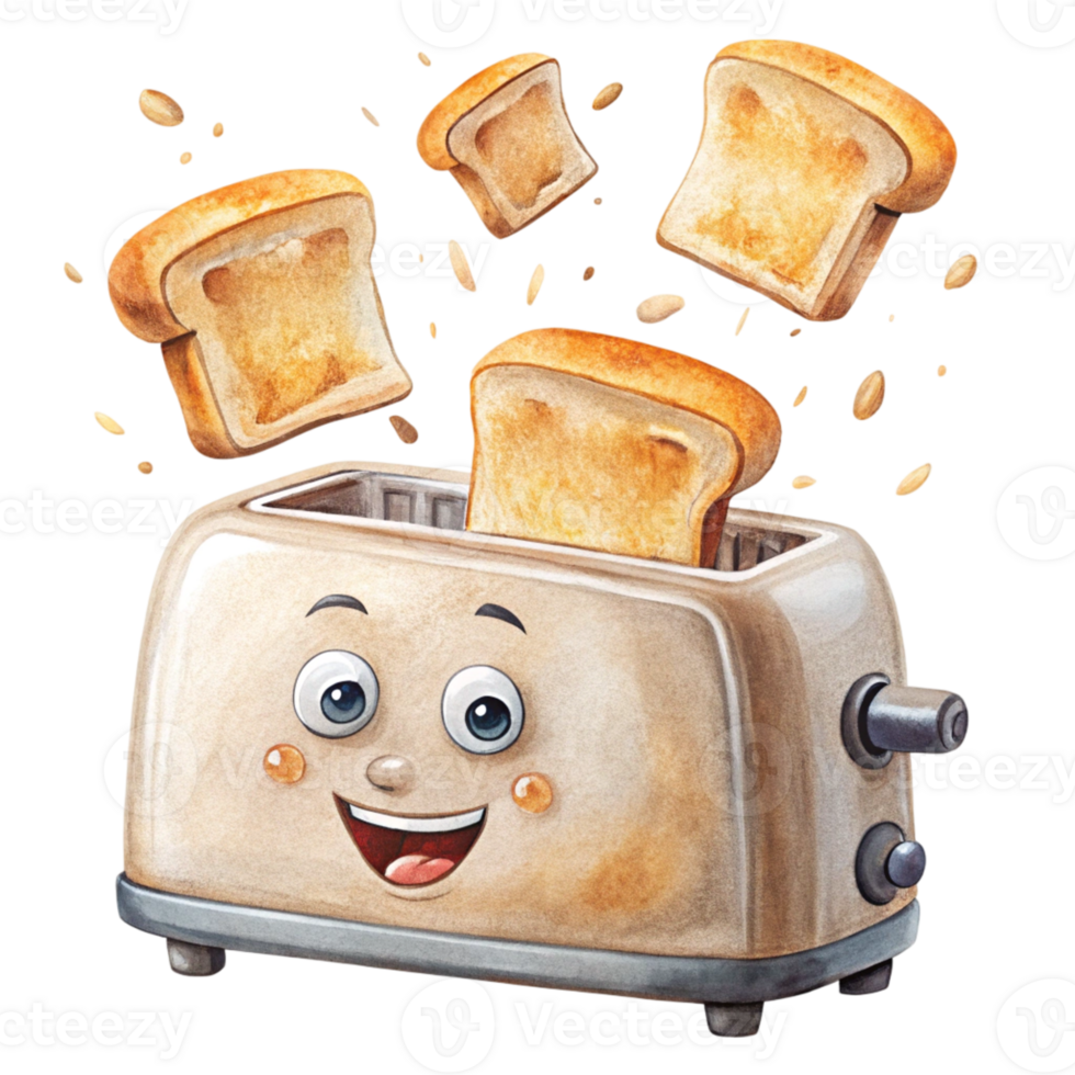 Toaster with toasted bread and smiling face png