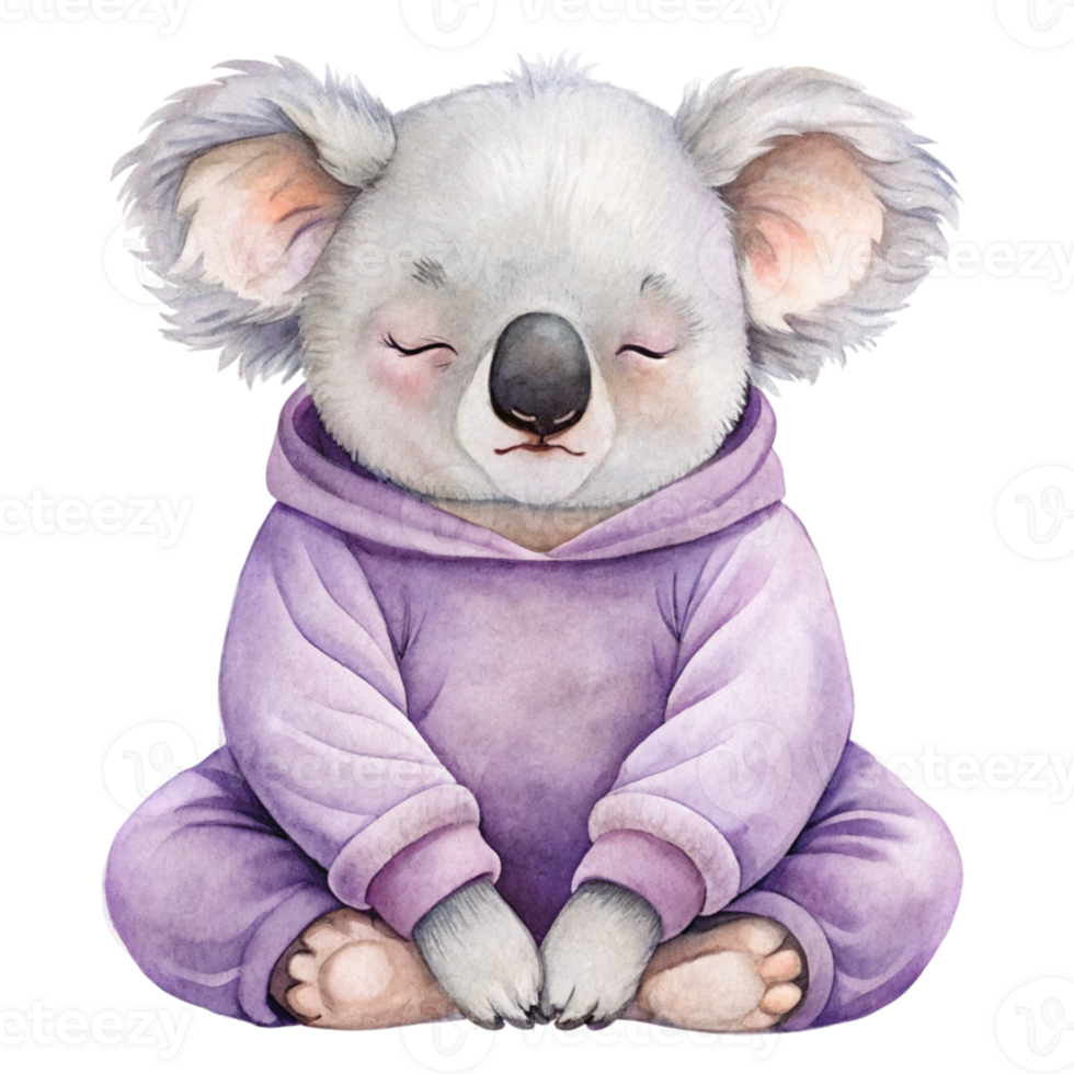 A watercolor illustration of a koala bear in a purple outfit png