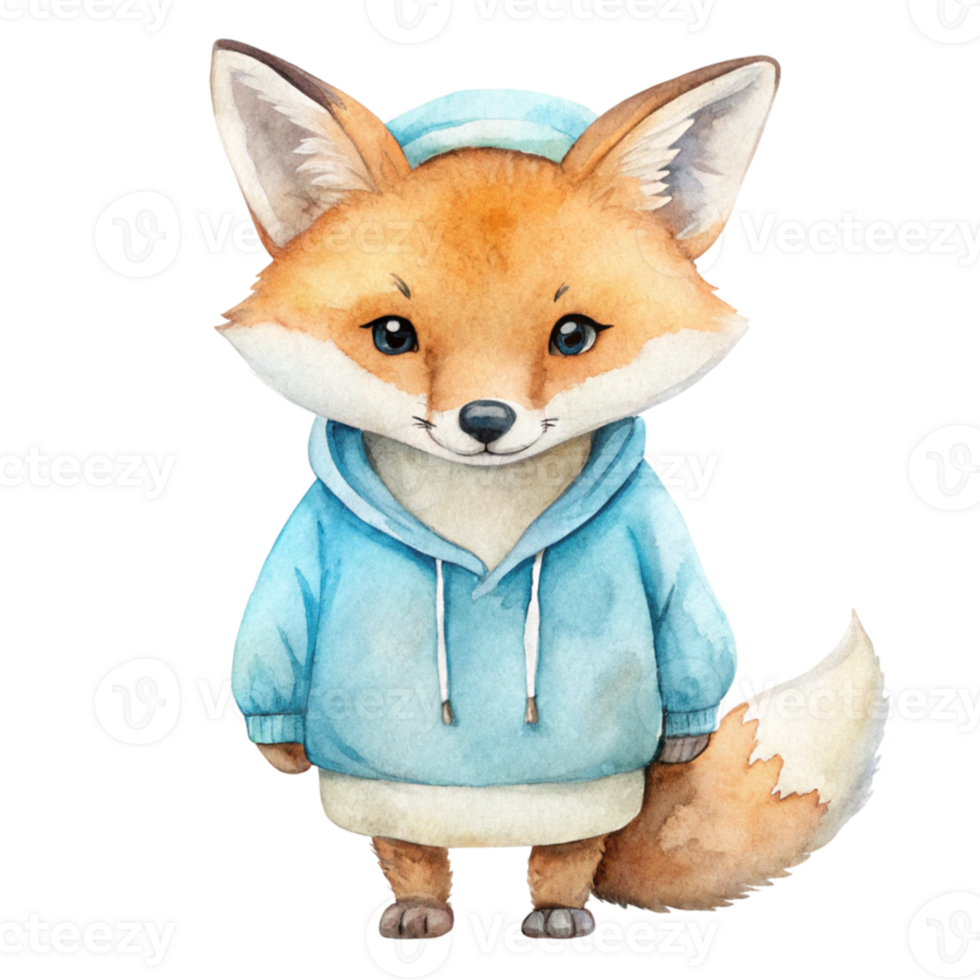Watercolor fox in a blue sweater png