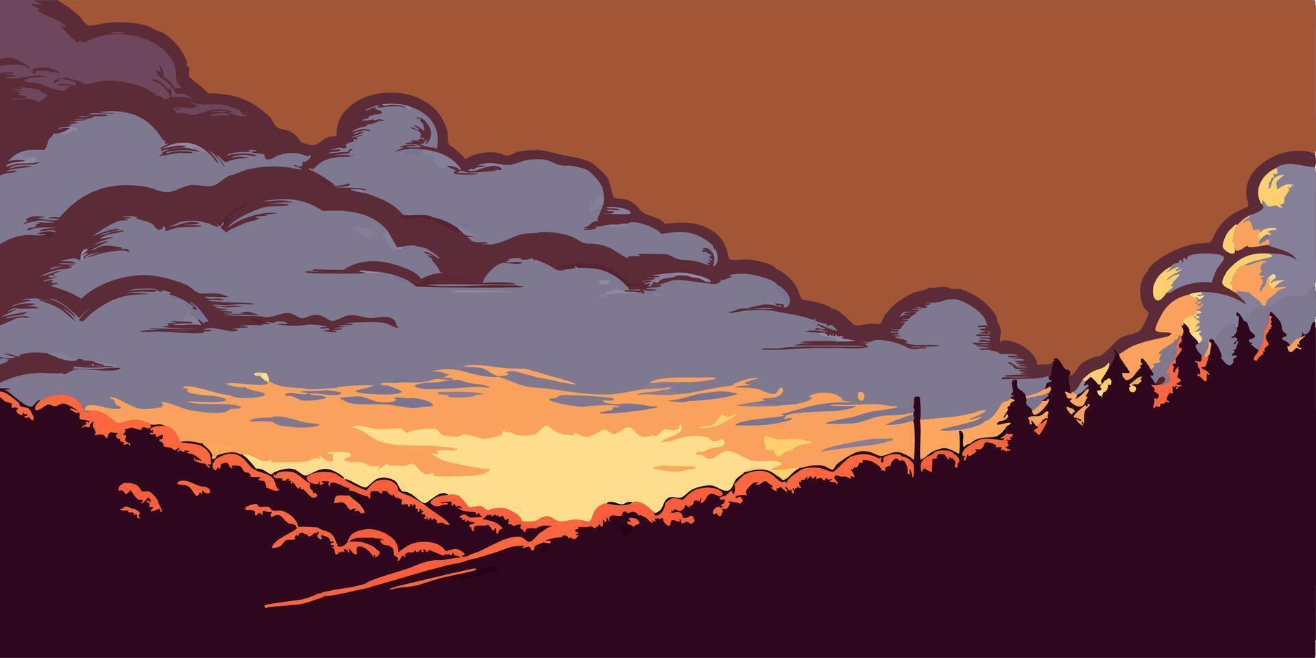 Sunset Landscape, Orange Sky, Silhouette Trees vector