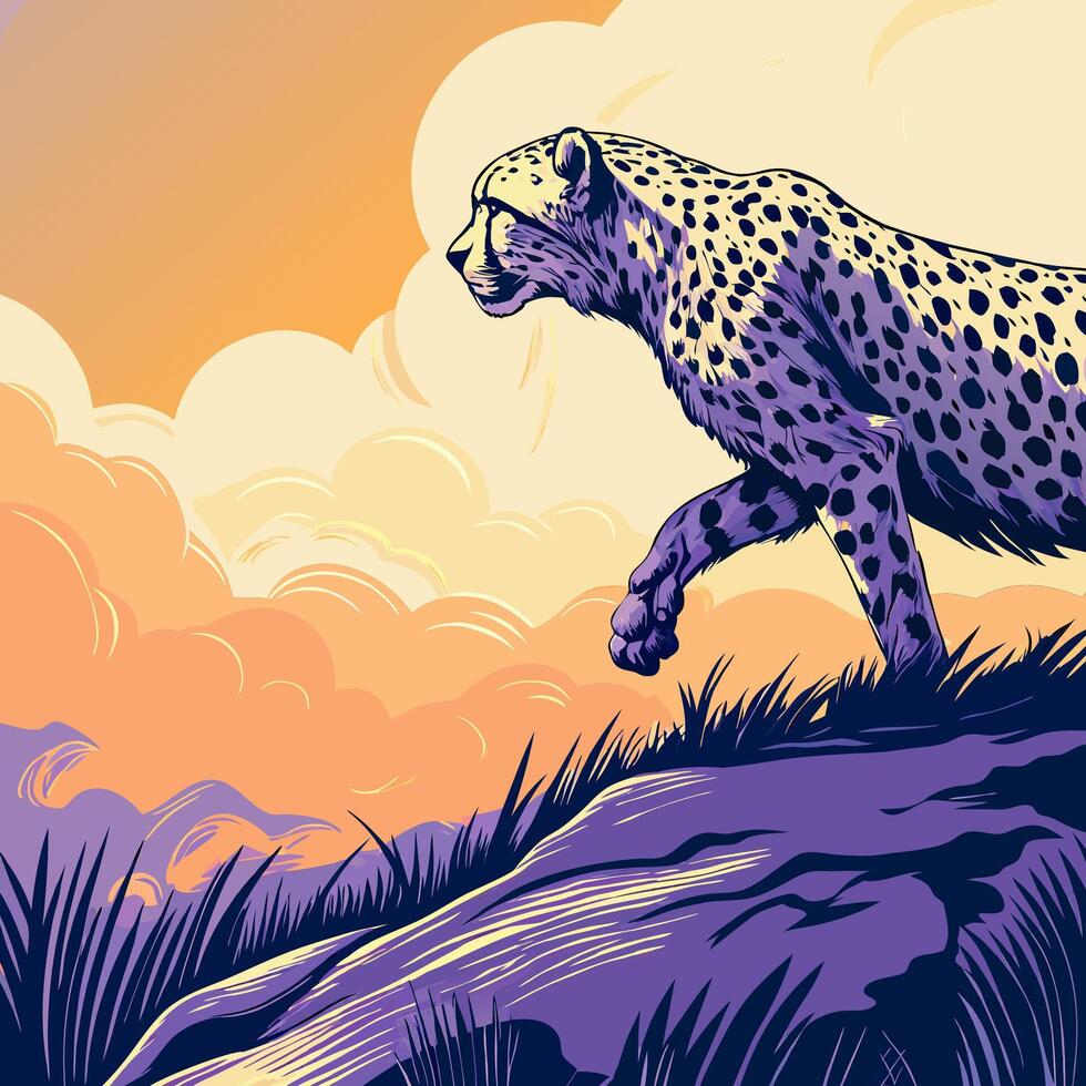 Cheetah Running on Hilltop at Sunset vector