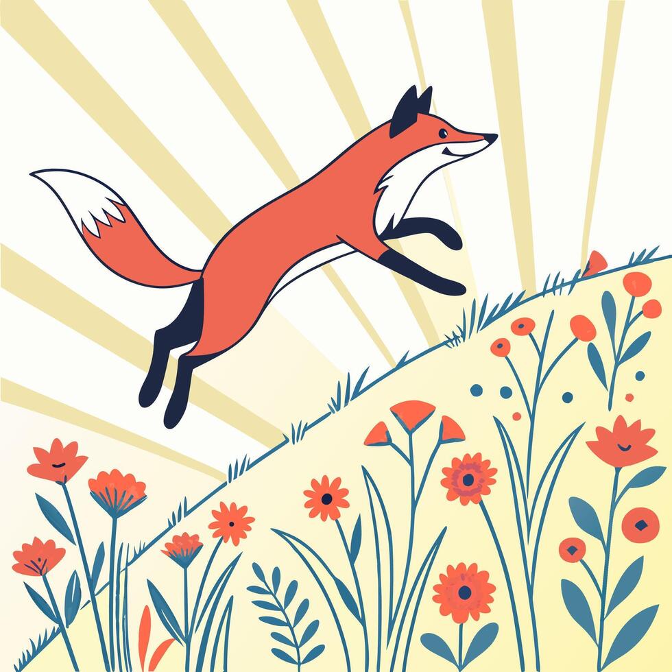 Jumping Fox in Flower Field Illustration vector