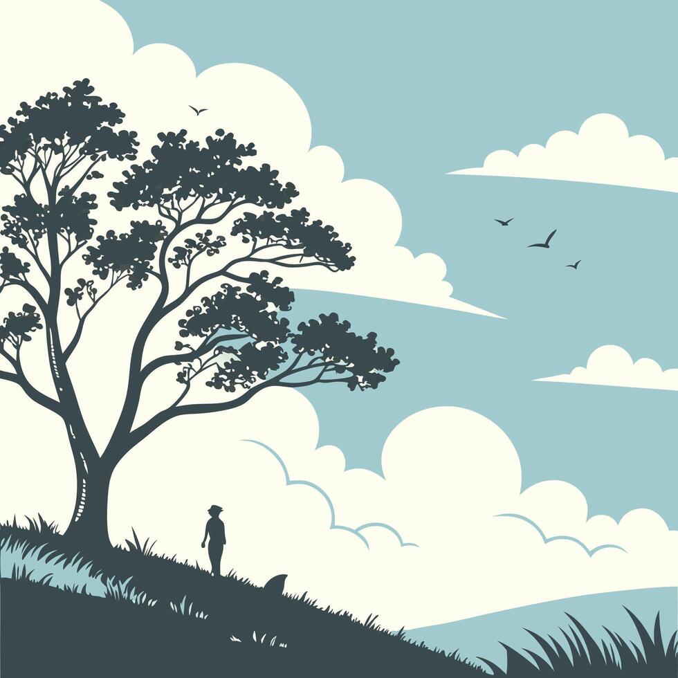 Silhouette Person Under Tree, Cloudy Sky vector
