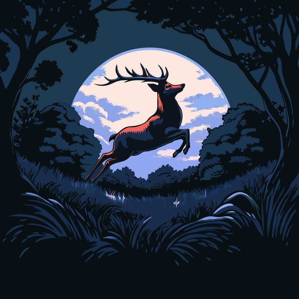 Deer Leaping Moonlight Forest vector