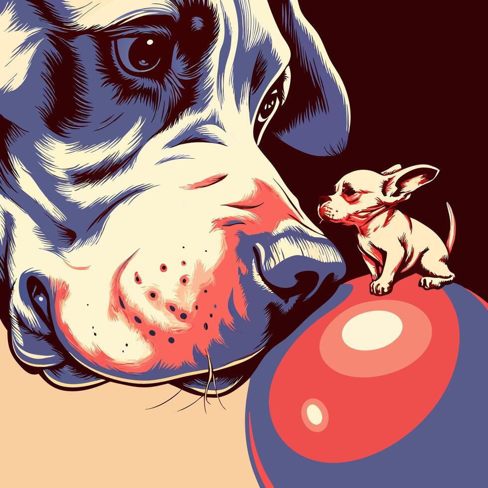 Large Dog and Small Dog with Red Ball vector