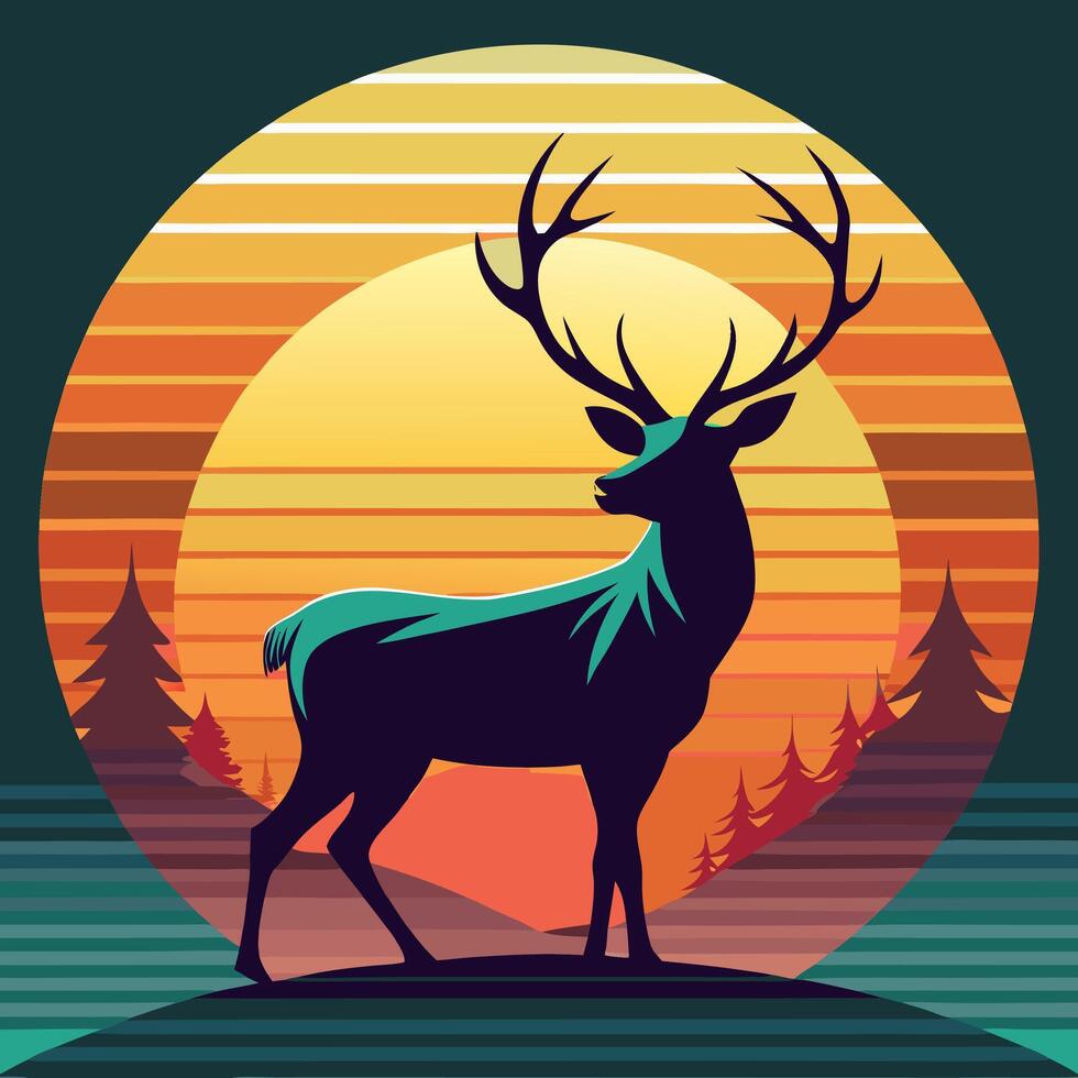 Sunset Deer Silhouette Graphic Art vector