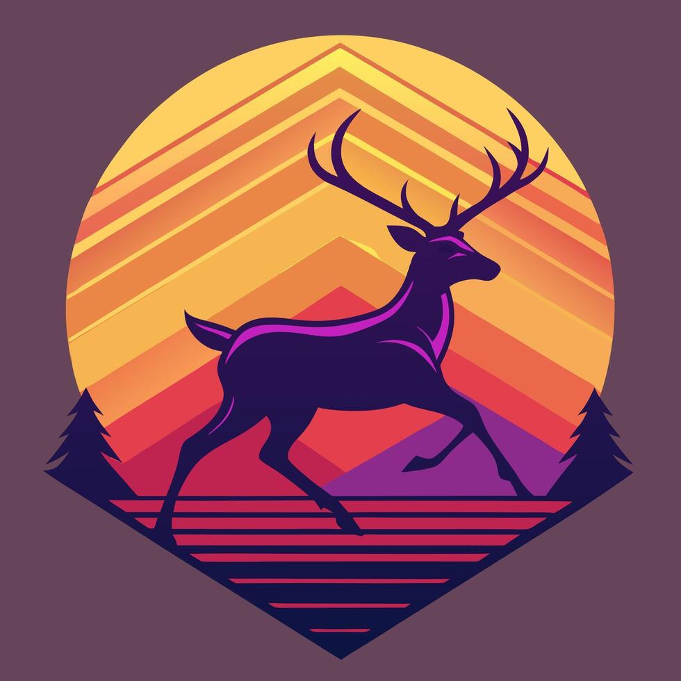 Retro Deer Sunset Mountain Graphic vector
