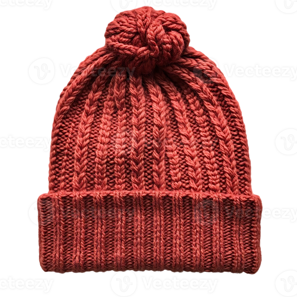 Knitted Winter Hat with Top Knot, Red Texture, Transparent Background png