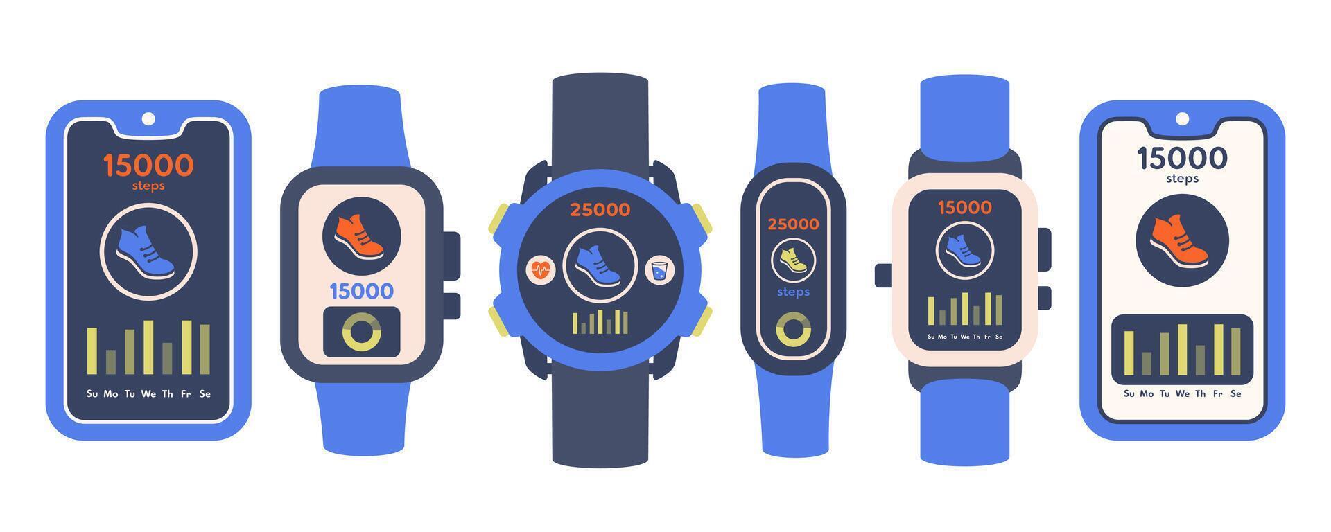 Step tracking. Set of Smartphone and Smart watch with pedometer app. Step counter on digital elements. Smartphone screen with Activity tracker icon. Notification. Wellness and healthy concept. vector