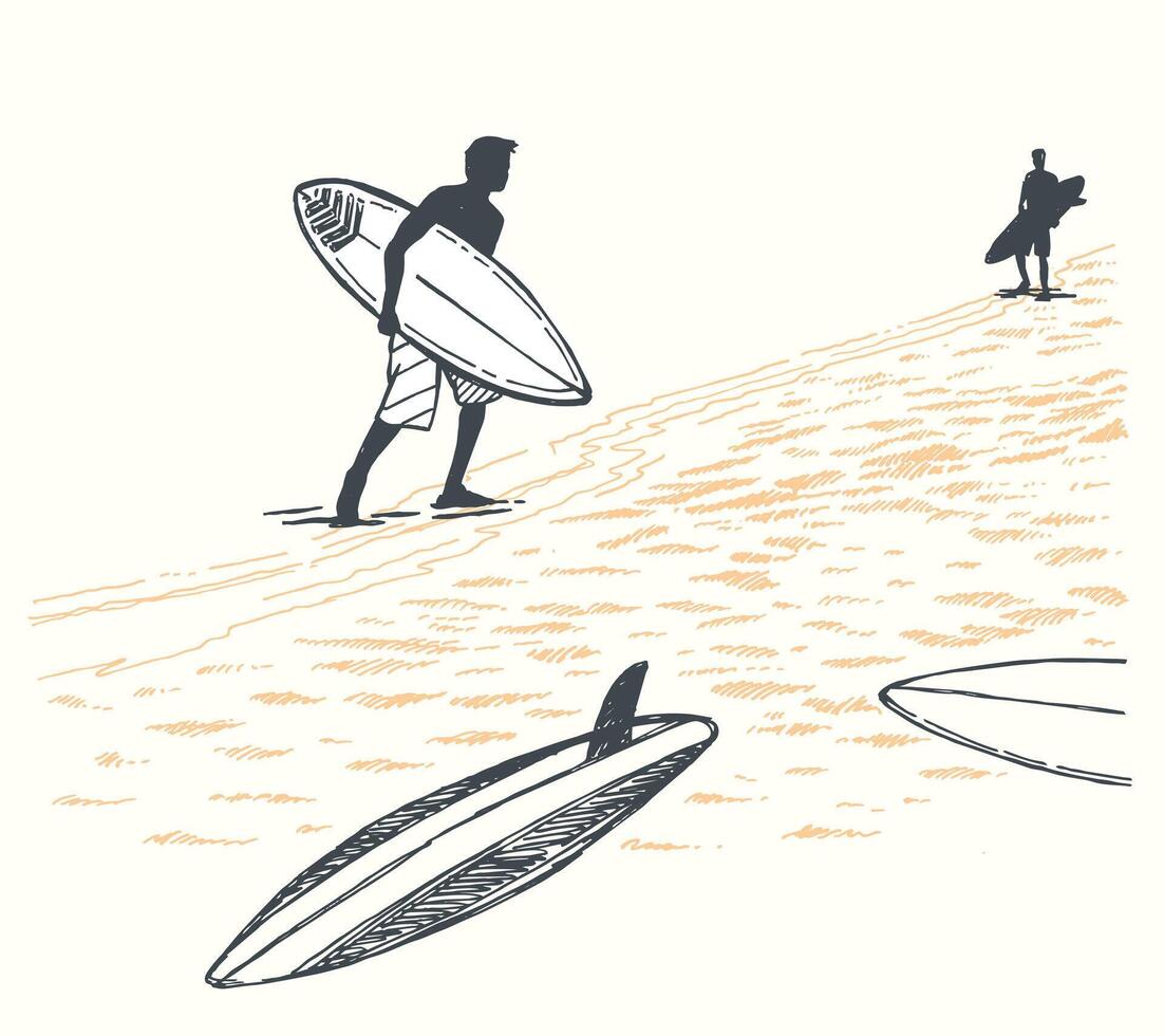 Illustration of a silhouette of a surfer coming out of the water. vector