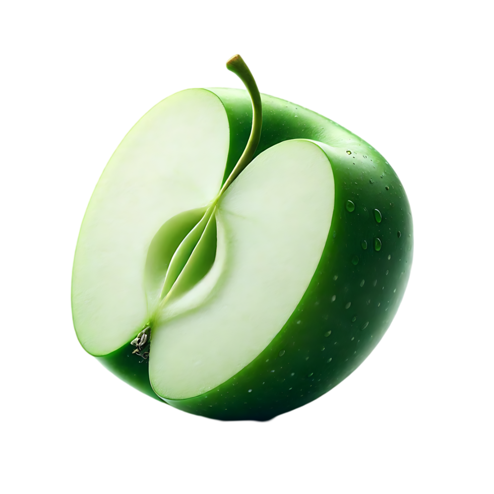 Fresh Green Apple Split in Half with White Interior and Stem at Top png