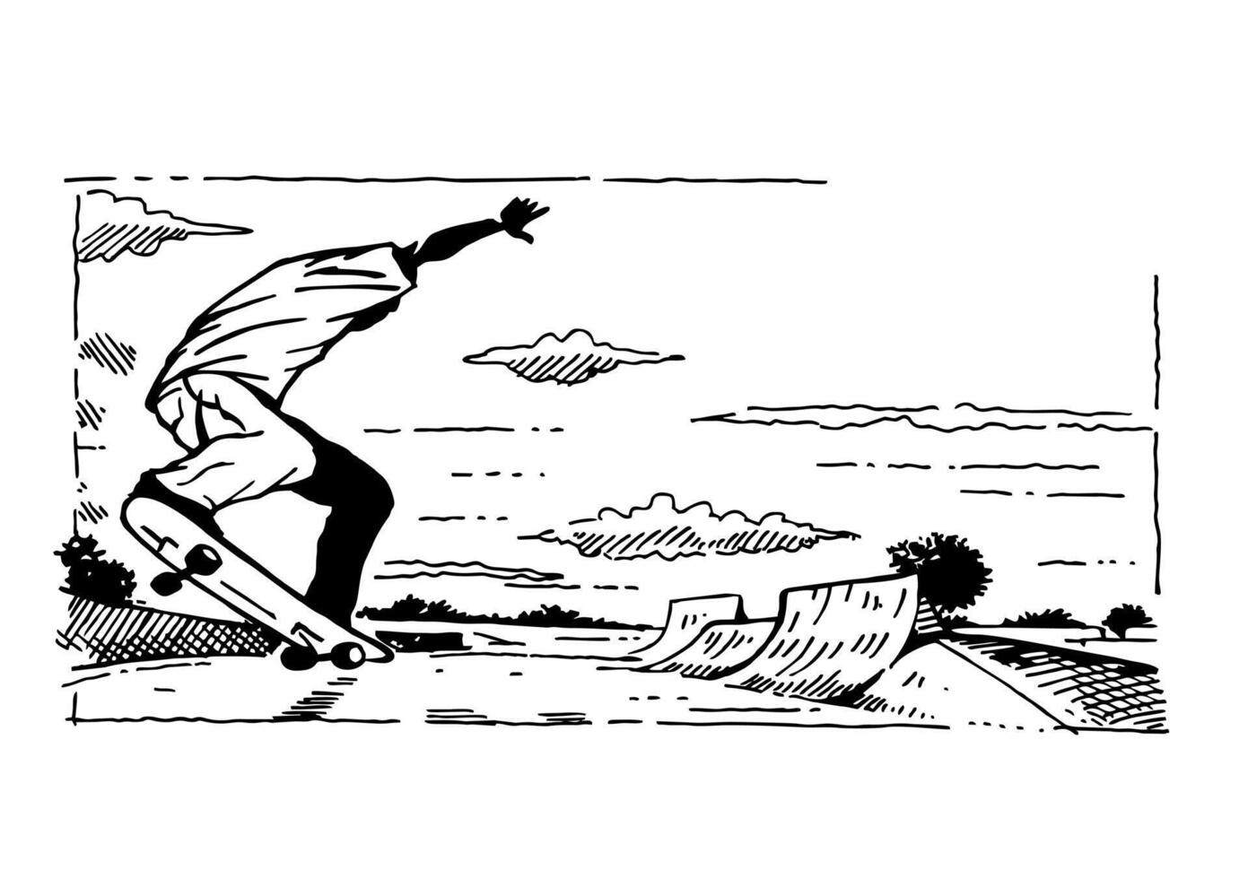 Illustration of a skateboarder doing tricks in a skate park. vector