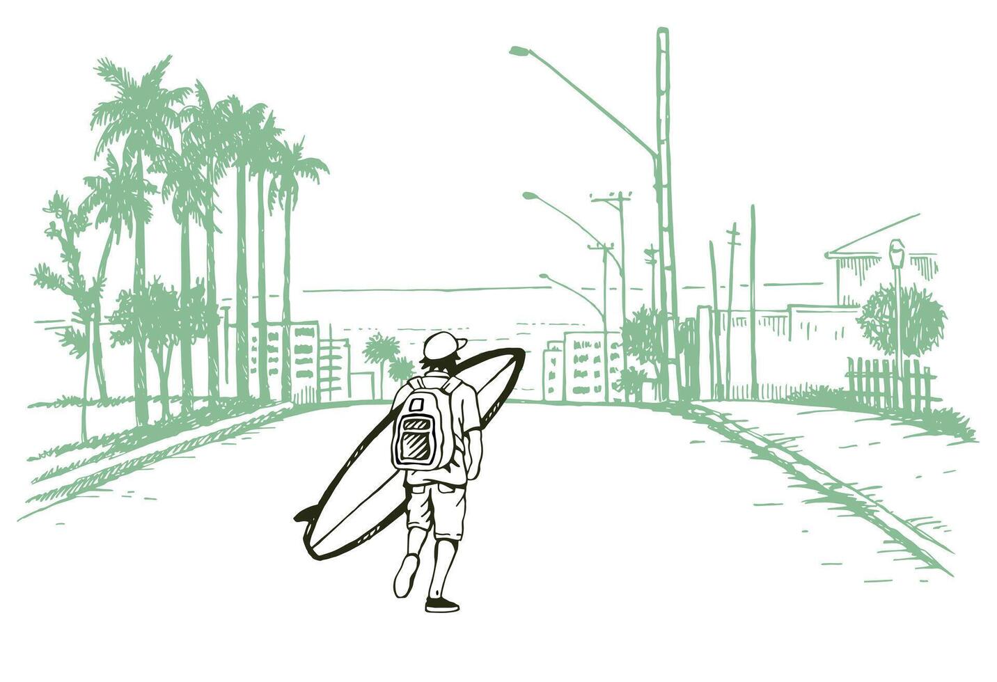 Illustration of a surfer walking through the streets of a coastal region towards the sea. vector