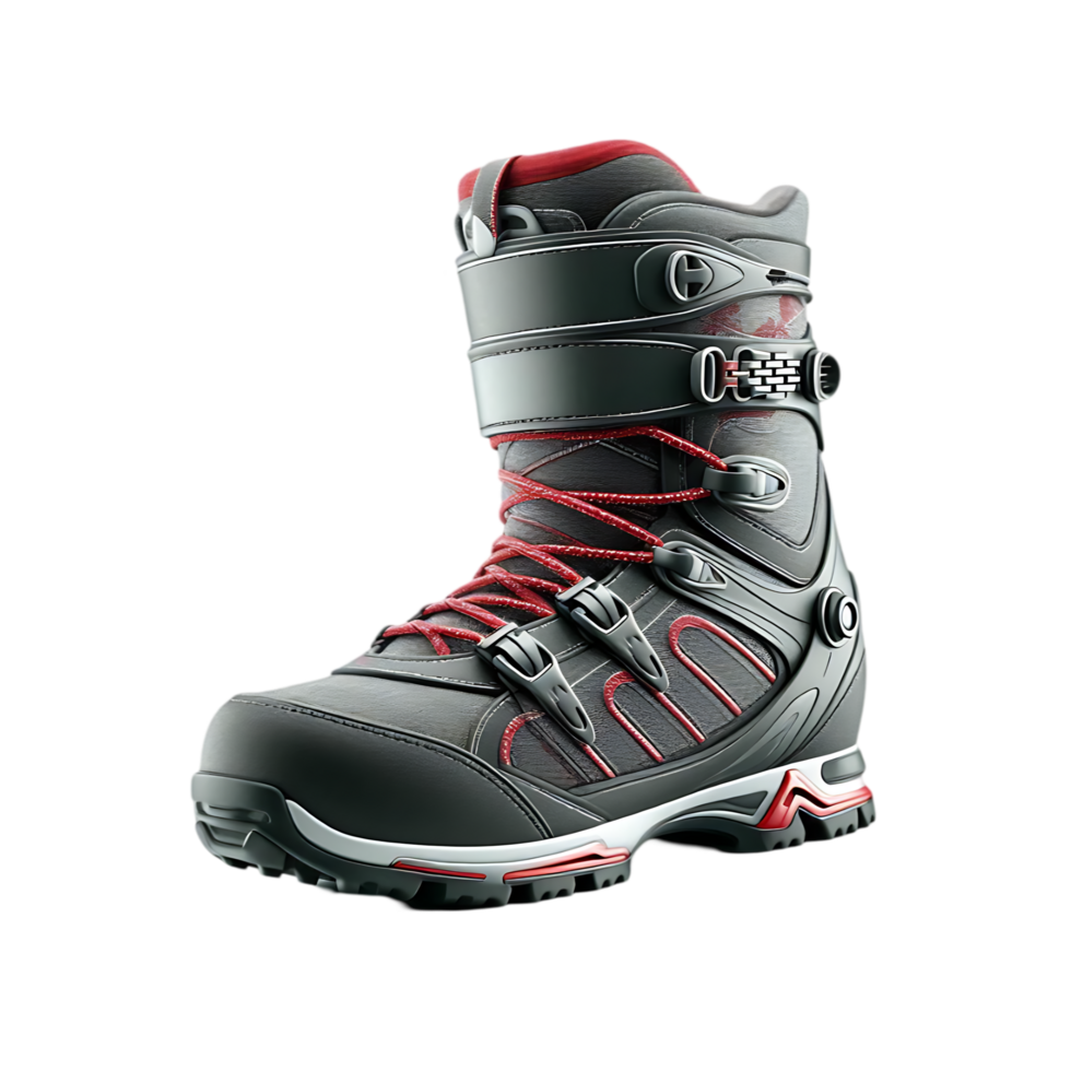 Sleek Black and Red Ski Boot with Buckles and Textured Sole png