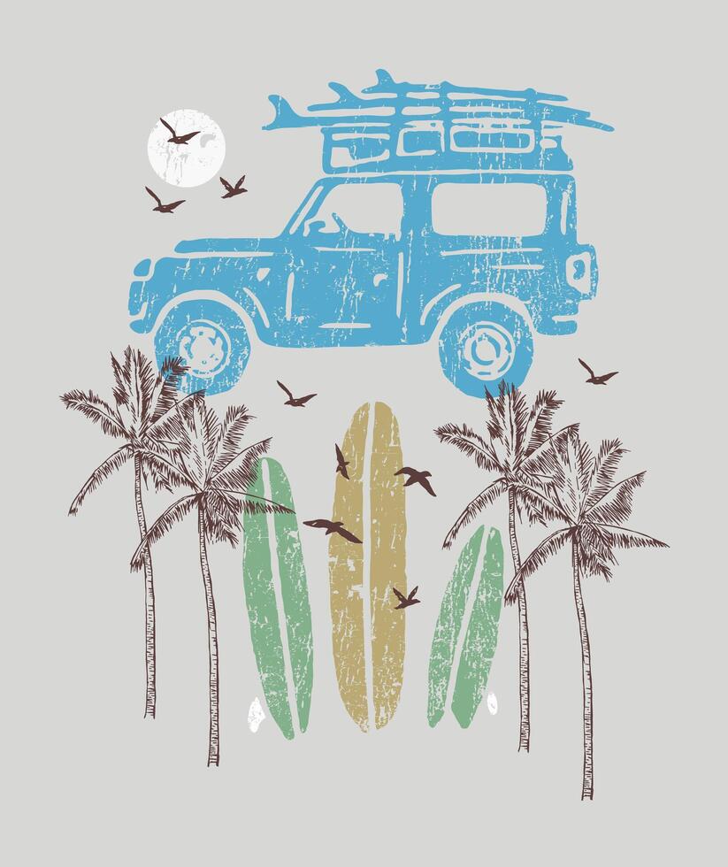 Illustration of a composition with a car silhouette, coconut trees and surfboards. Art alluding to an adventure trip. vector