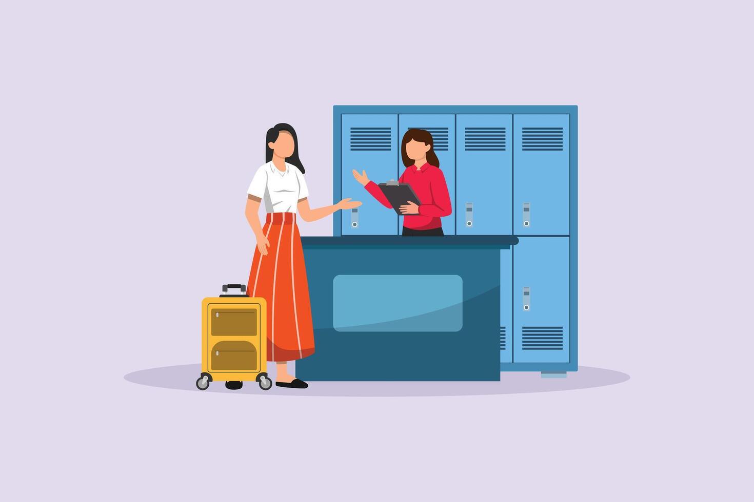 Travel locker, activity of storing items in a locker. Travel Locker Concept. Colored flat illustration isolated vector