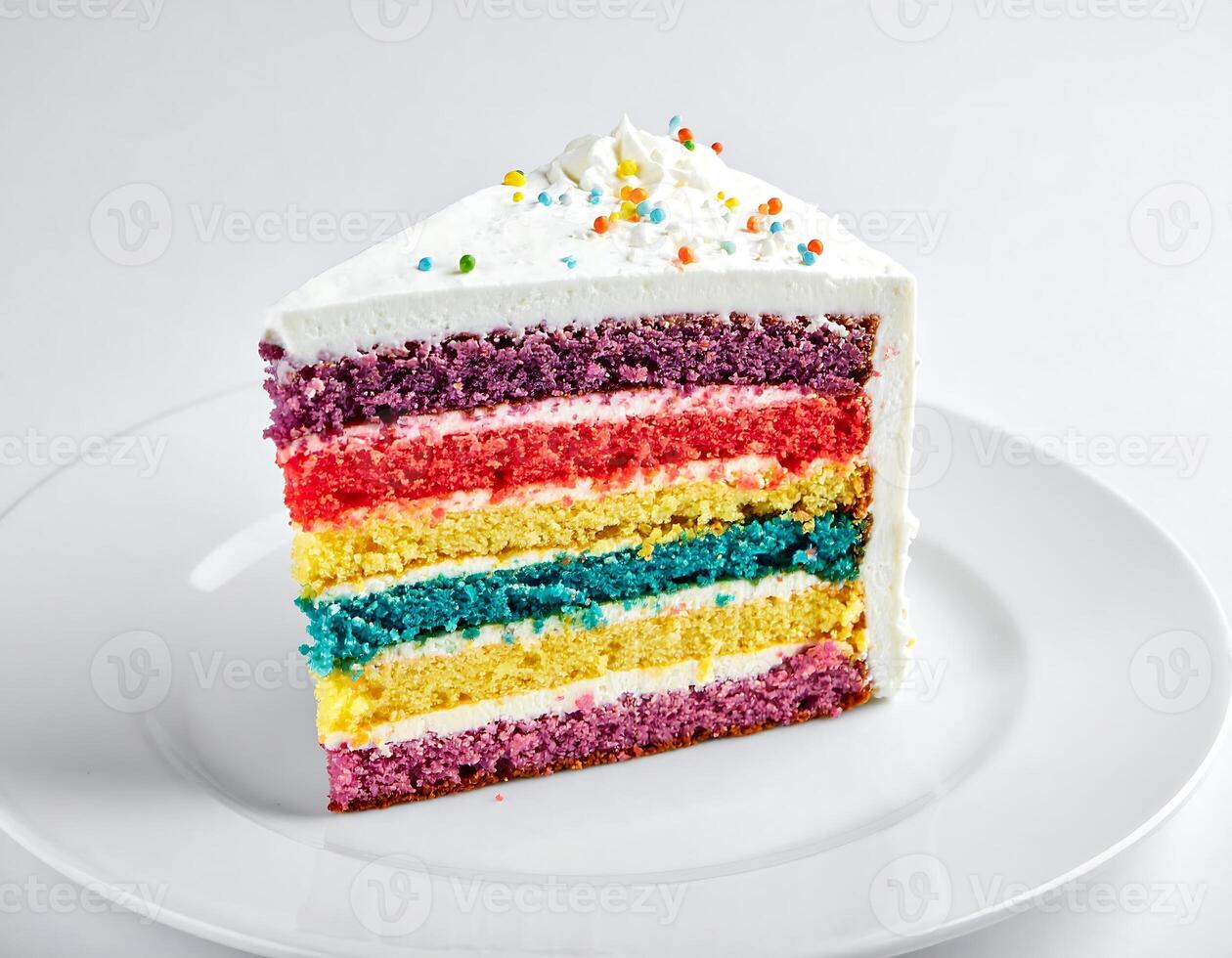 Slice of colorful rainbow cake with white frosting and sprinkles sitting on white plate photo