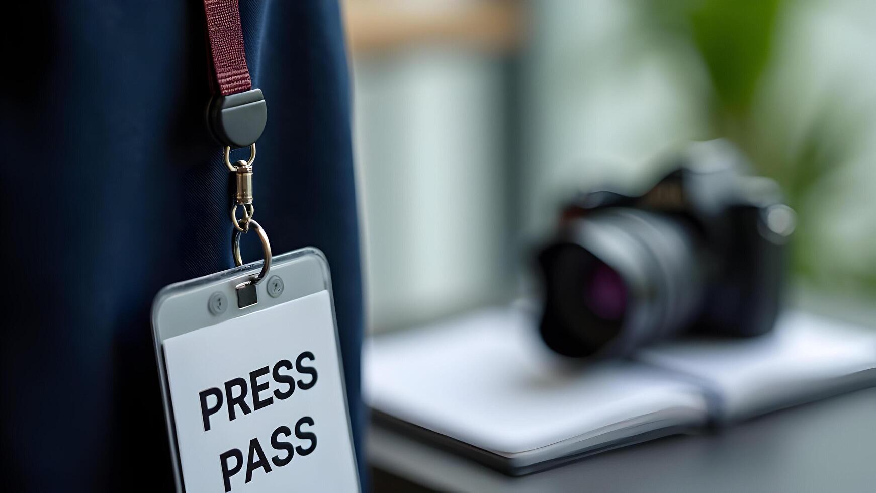 Close-up of a Press Pass with a Camera photo
