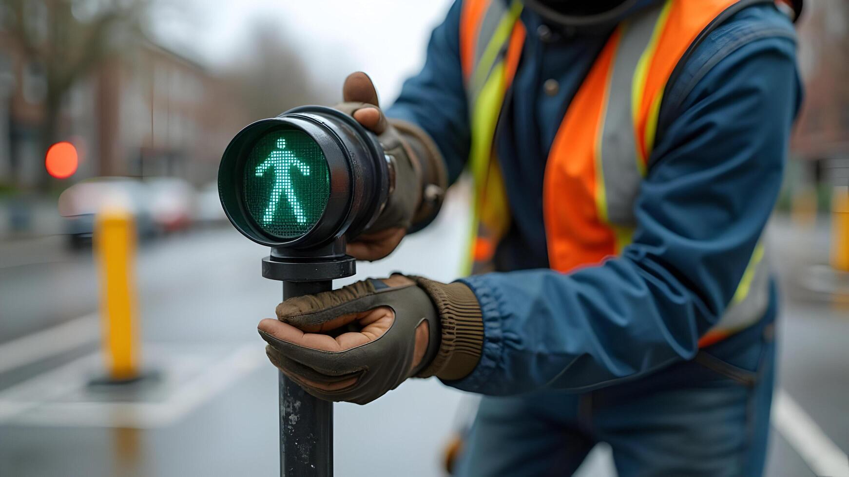 Worker Fixing Green Man Traffic Light at Urban Site photo