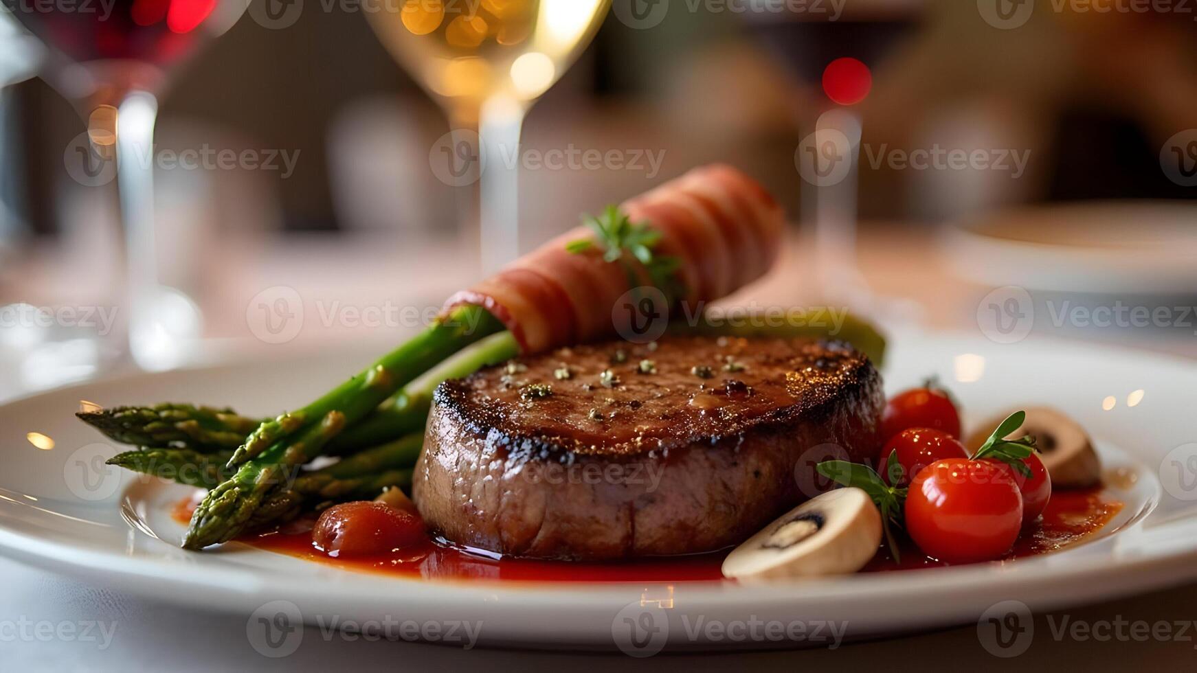 Elegant Beef Tenderloin Steak with Asparagus and Tomatoes photo