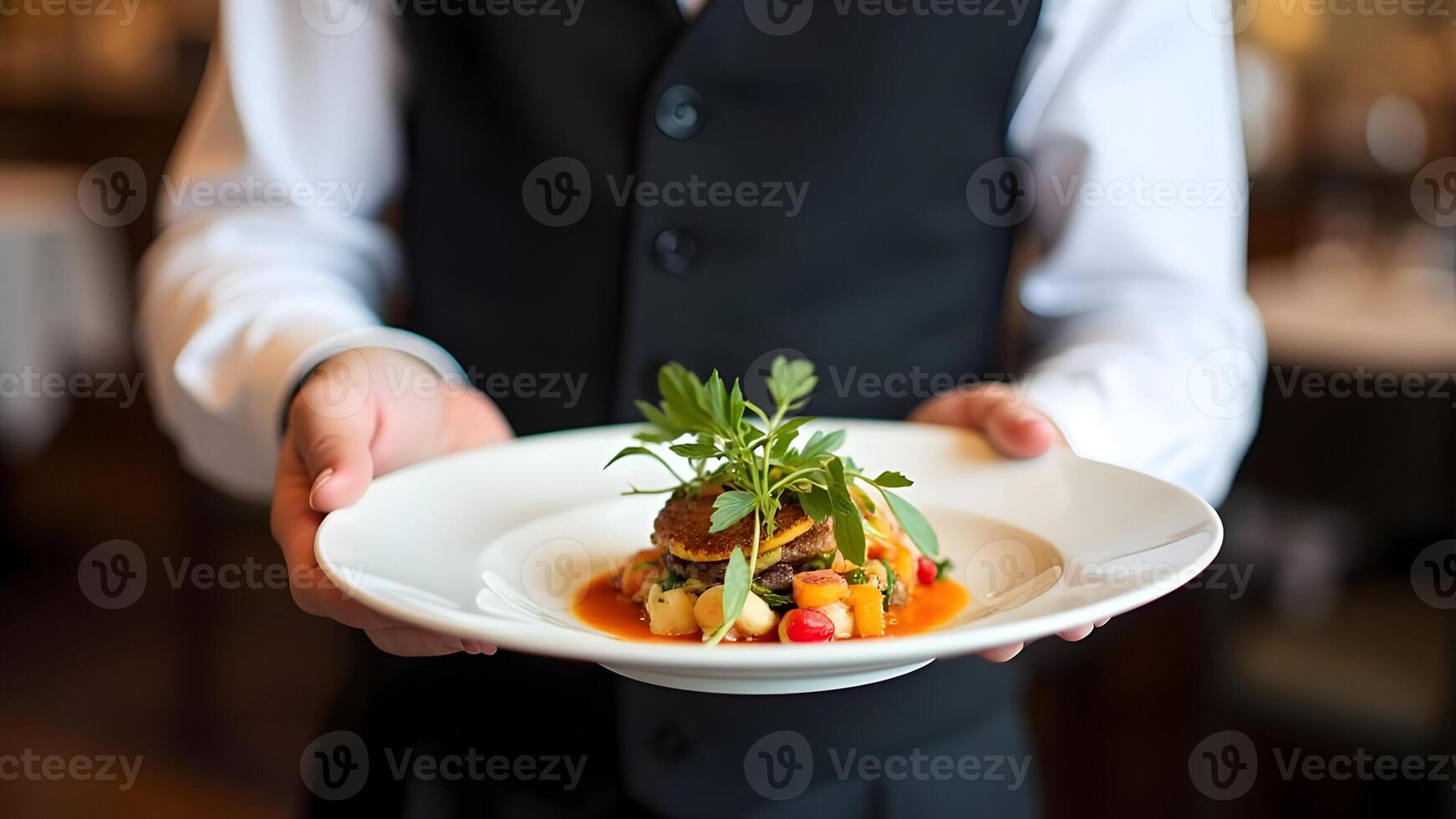 Waiter Presenting Gourmet Dish on White Plate photo