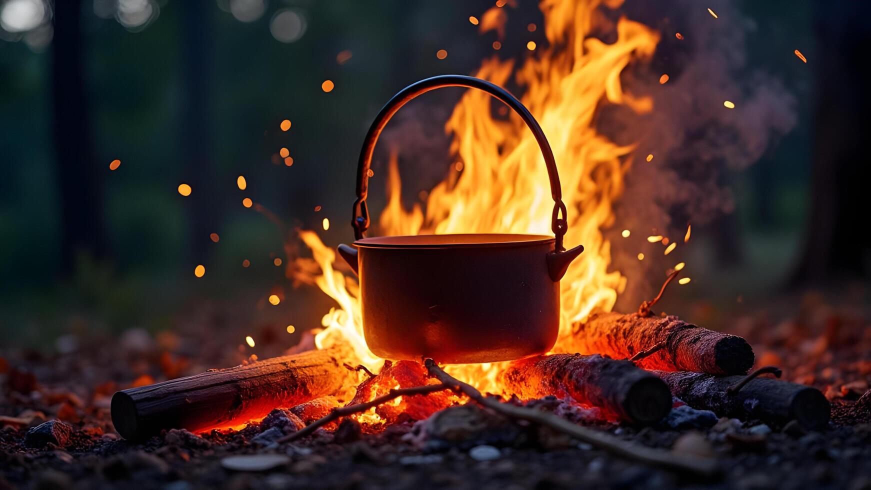Boiling Water in a Kettle over an Open Campfire photo