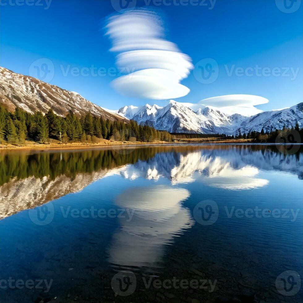 Lenticular clouds hovering over snowy mountain range reflecting in a lake photo