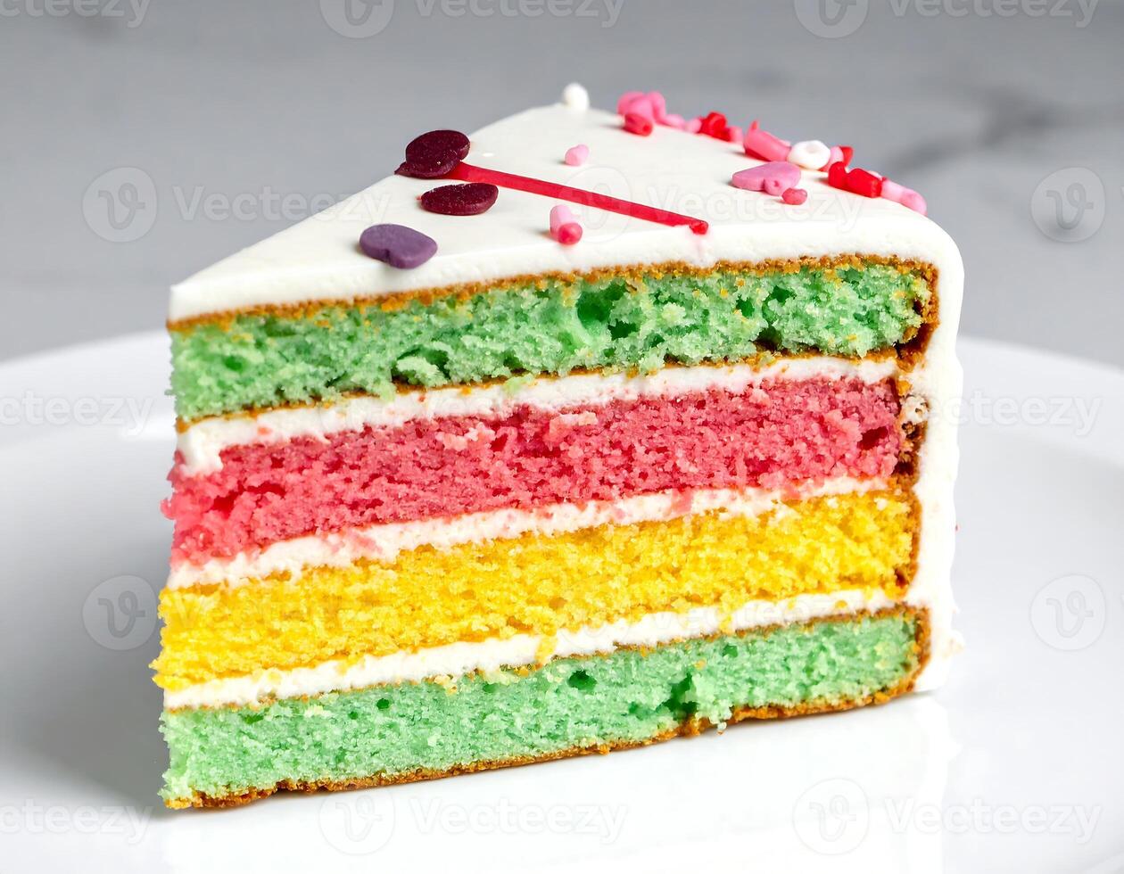 Slice of colorful rainbow cake showing layers on white plate photo