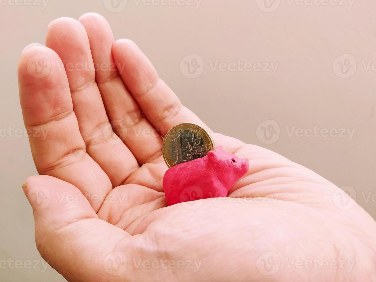 A small, pink piggy bank and euro coin resting in an open hand. Symbolizes saving, finance, investment, and financial security. Illustrates small steps towards big goals. photo