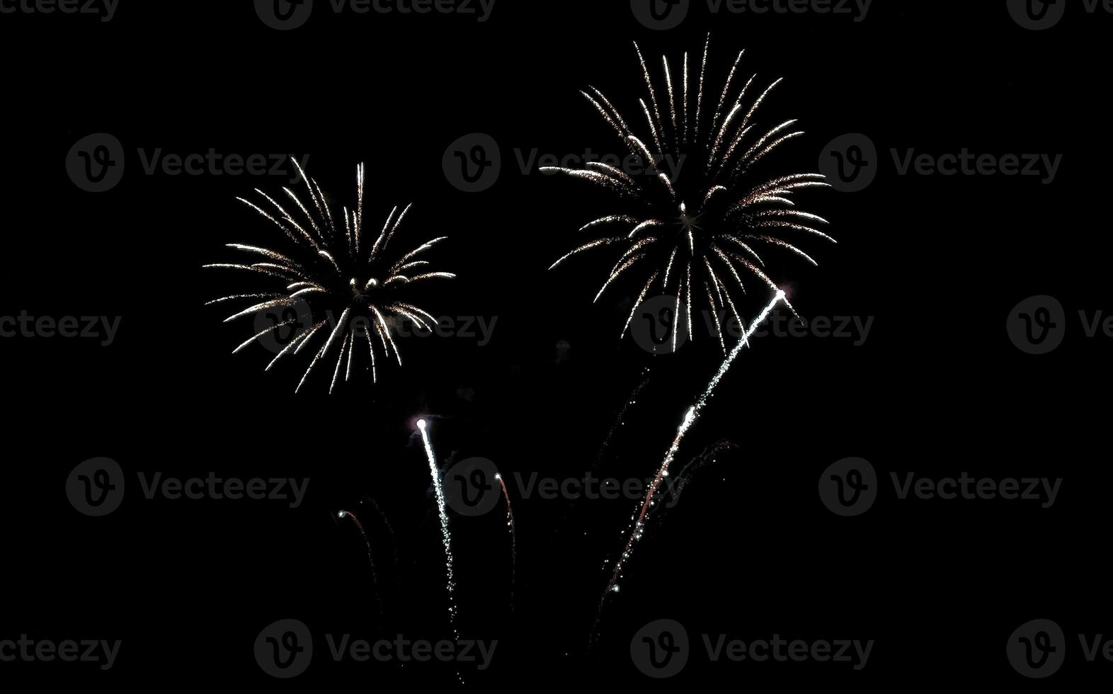 Stunning fireworks display against a black night sky. Two large bursts illuminate the darkness with bright, sparkling trails. photo