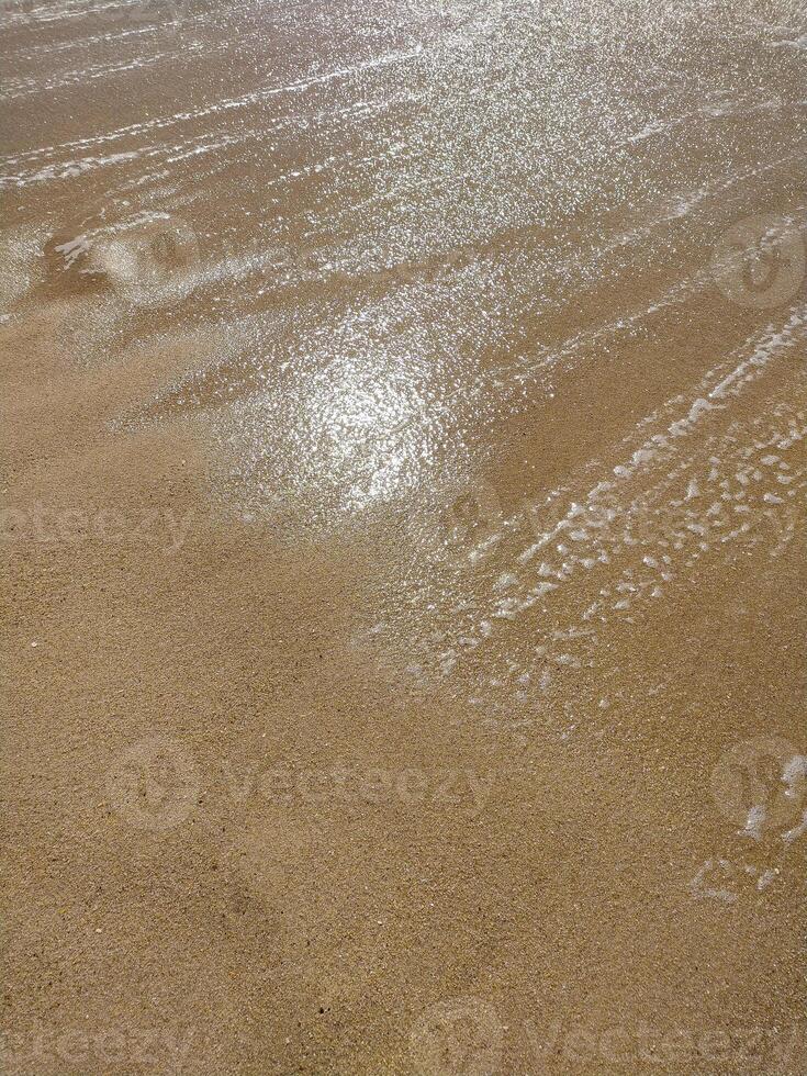 Gentle waves rolling onto sandy beach at sunrise, creating bubbles and shimmering surface photo