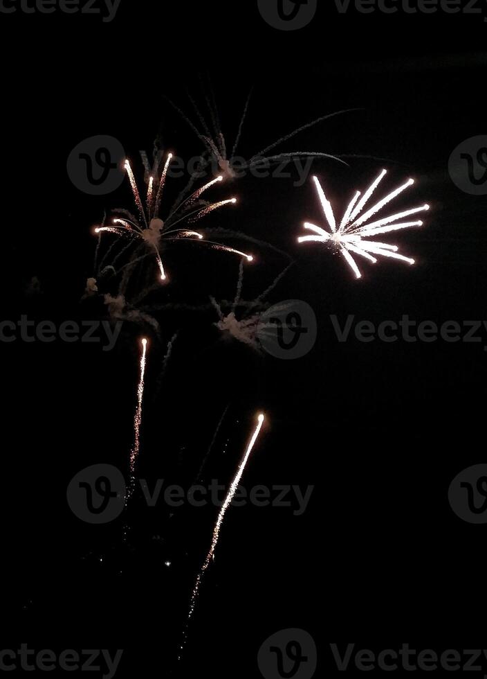 Stunning fireworks display against a dark night sky. Captures the vibrant bursts of light and trails of smoke, perfect for celebratory themes, event promotion, or holiday designs. photo