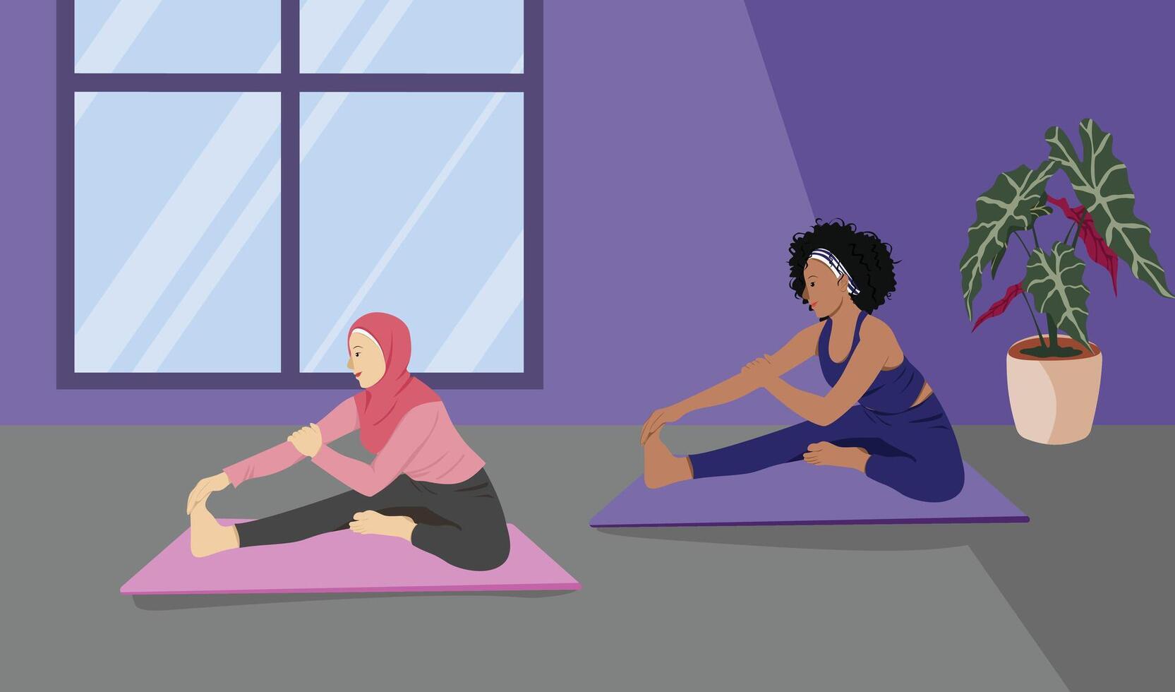 Hijabi and Afro Girl Practicing Mindfulness Yoga Head to Knee Forward Bend Pose Janu Sirsasana for Flexibility and Calmness vector