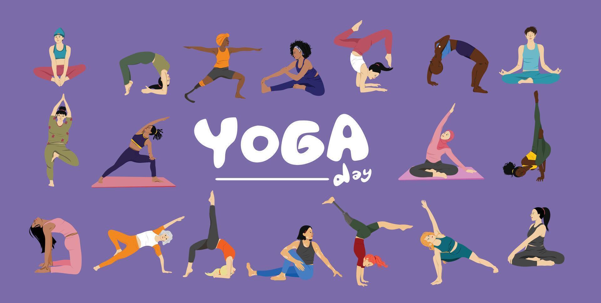 Inclusive Yoga Day Celebration with Diverse Women of Different Races, Skin Tones, and Disabilities Practicing Together vector