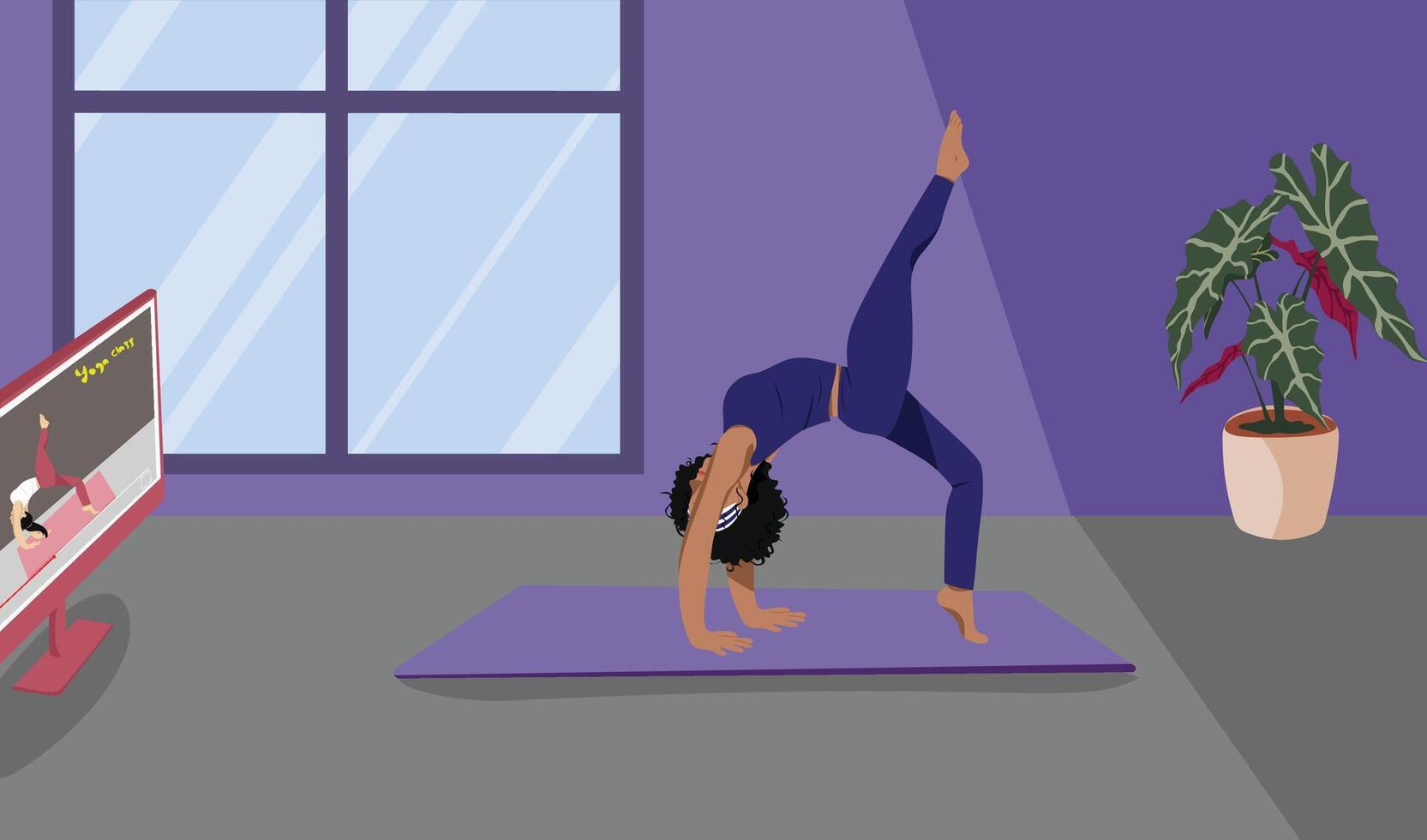 Afro Girl Practicing Virtual Mindfulness Yoga in One-Legged Upward Wheel Pose for Flexibility and Strength vector