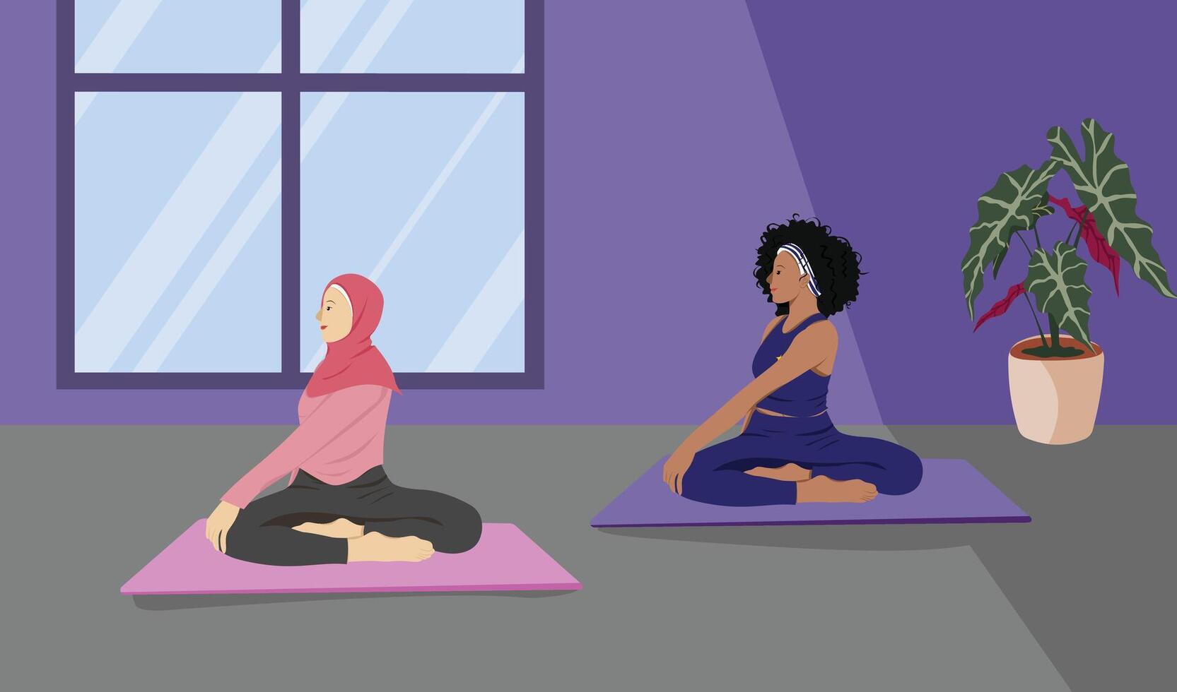 Hijabi and Afro Girl Practicing Mindfulness Yoga Seated Spinal Twist Pose Parivrtta Sukhasana for Inner Peace and Flexibility vector