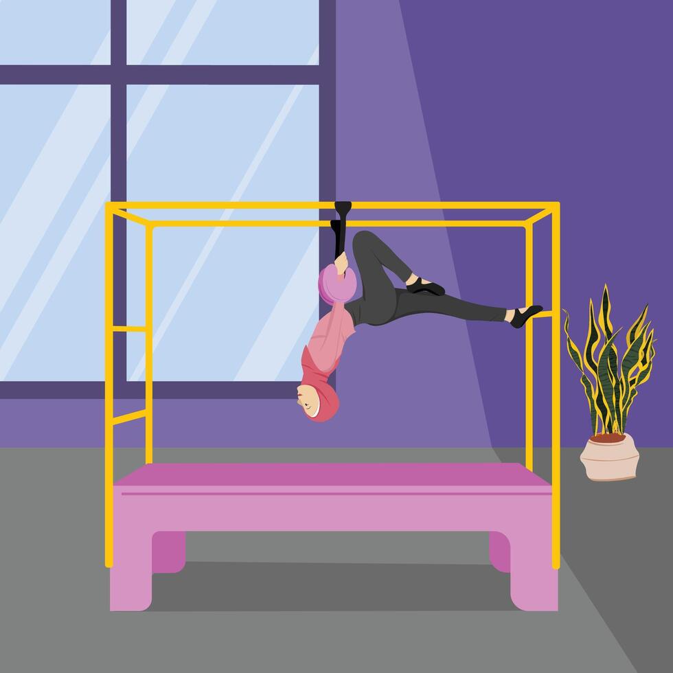 Hijabi Girl Performing Hanging Pilates Move with One Leg Bent and Body Horizontally Suspended in the Air vector