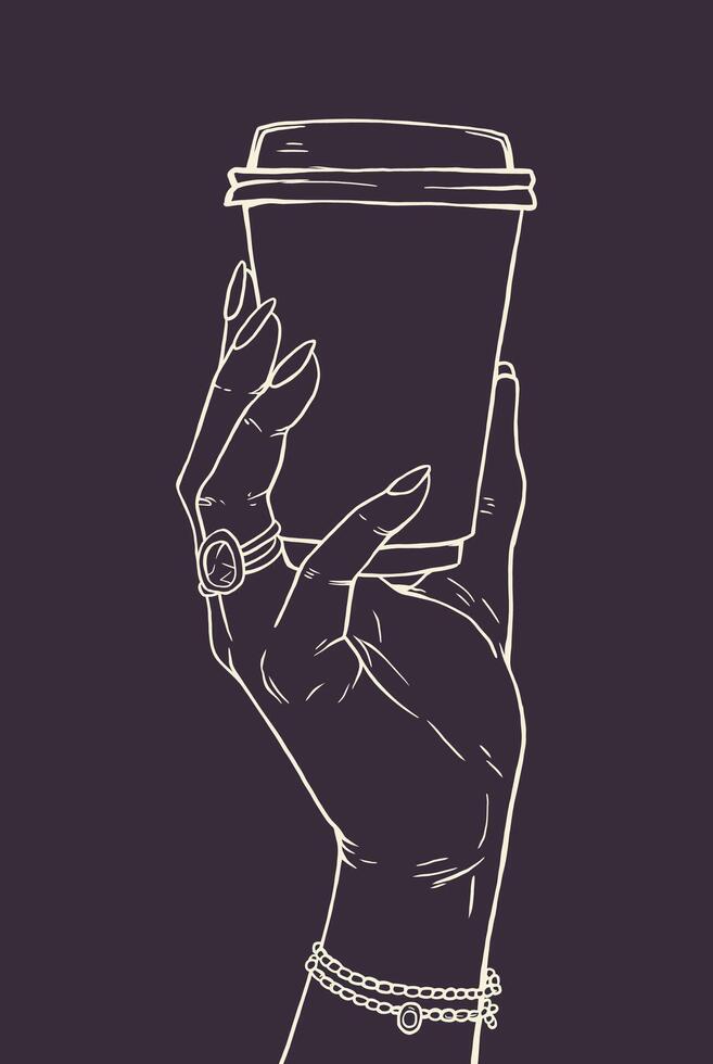 Outline drawing of a hand holding a disposable coffee cup vector