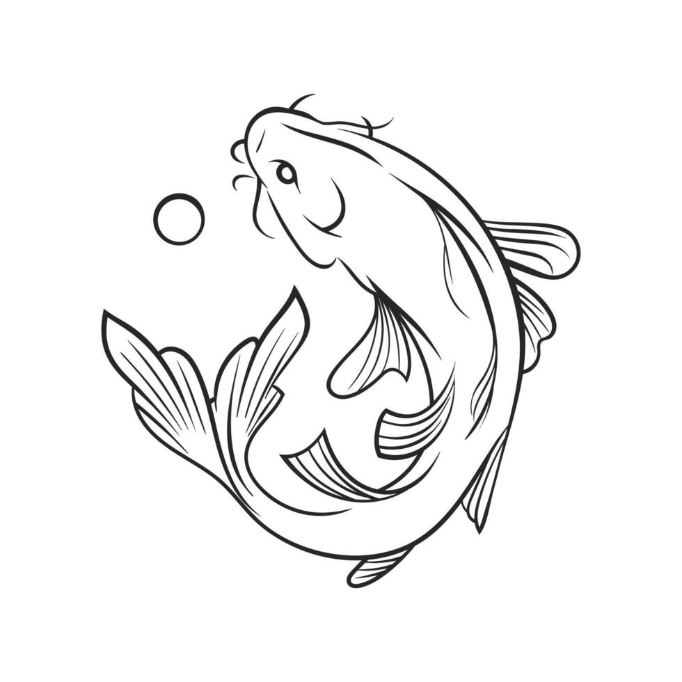 Black and white line drawing of a koi fish swimming gracefully vector
