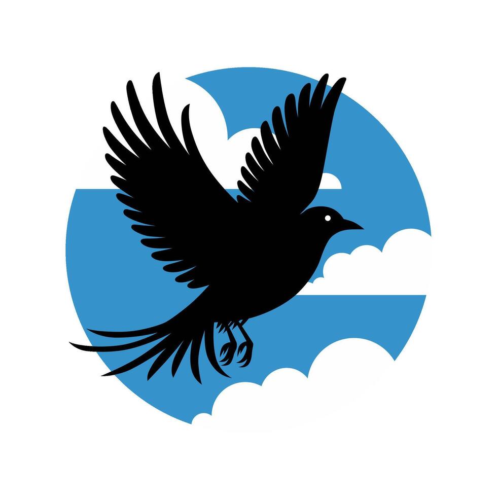 Black silhouette of a bird flying against a blue sky with clouds vector
