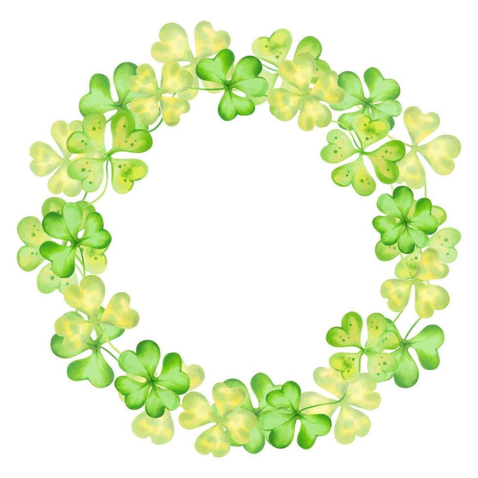 Round frame of shamrock and four leaf clover for St. Patrick's Day. Watercolor and marker illustration. Hand drawn isolated art. Botanical background with space for text, copy space. vector