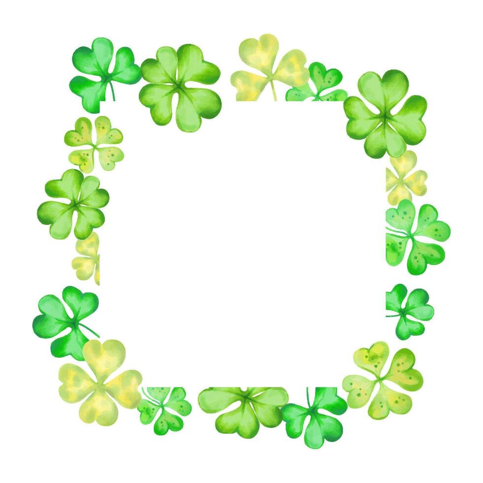 Square frame of shamrock, four leaf clover for St. Patrick's Day. Lucky clover talisman. Watercolor, marker illustration. Hand drawn isolated art. Botanical background with text space, copy space vector