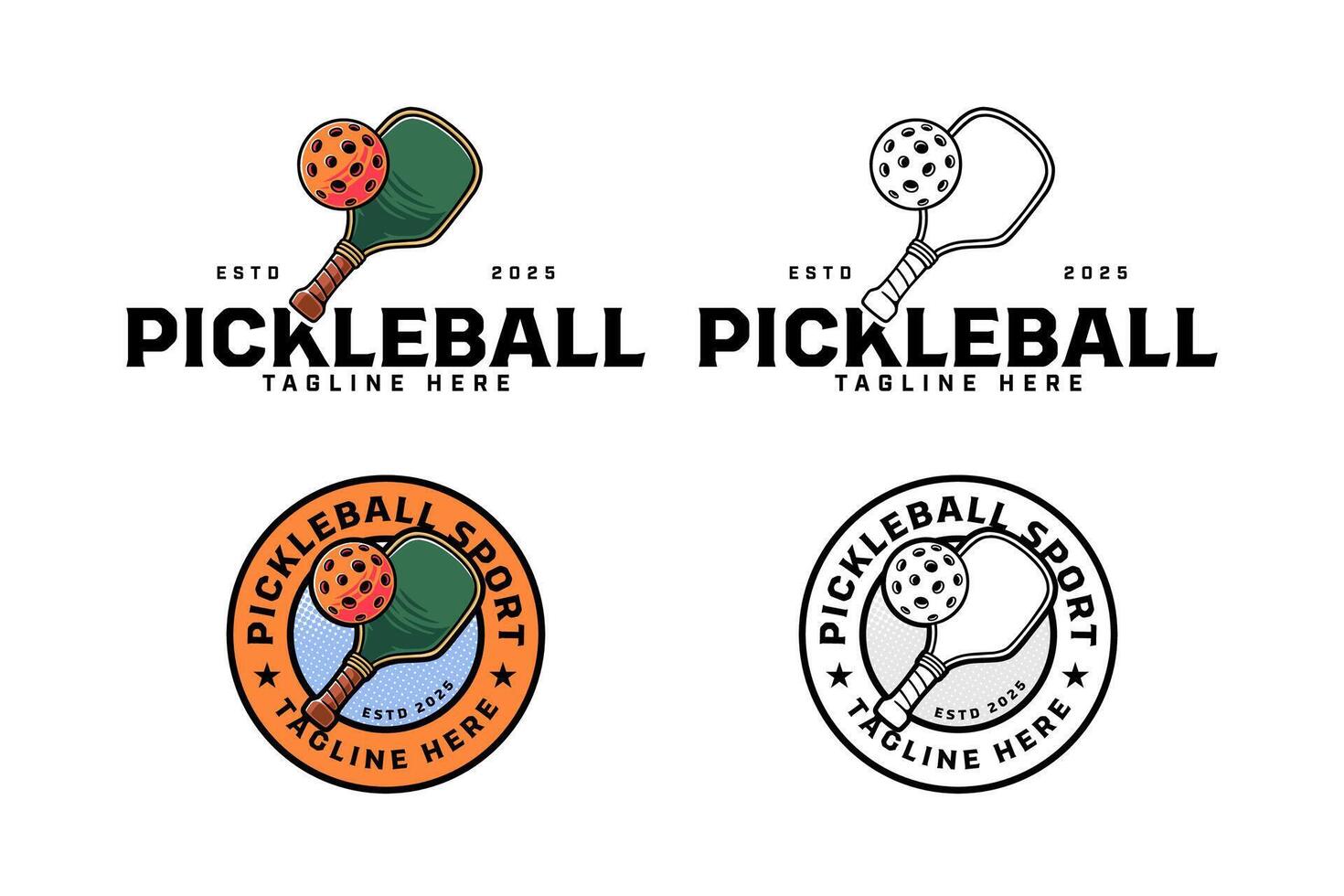 pickleball with paddle and ball illustration modern logo design. pickleball racket, bat with ball circle badge logo design set for pickler, pickleball sport club and pickleball tournament vector