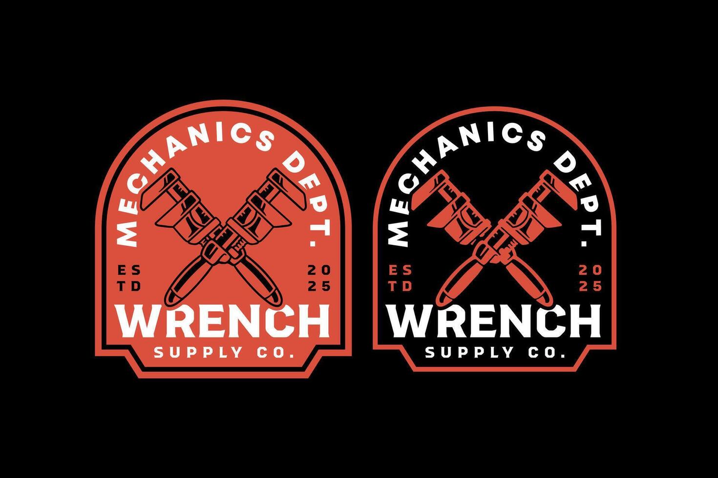 agricultural wrench, wrench, monkey wrench crossed retro vintage badge logo design collection set for mechanic, craftsman, handyman, garage, workshop, engineer, industrial vector