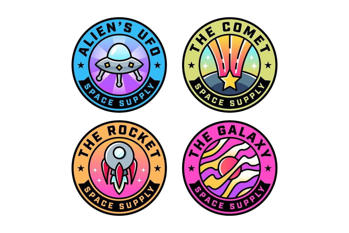alien spaceship, ufo, rocket launcher, star meteor, galaxy, orbit, planet colorful modern illustration badge logo design set for astronautic, science, galaxy, space, adventure, kids merchandise vector
